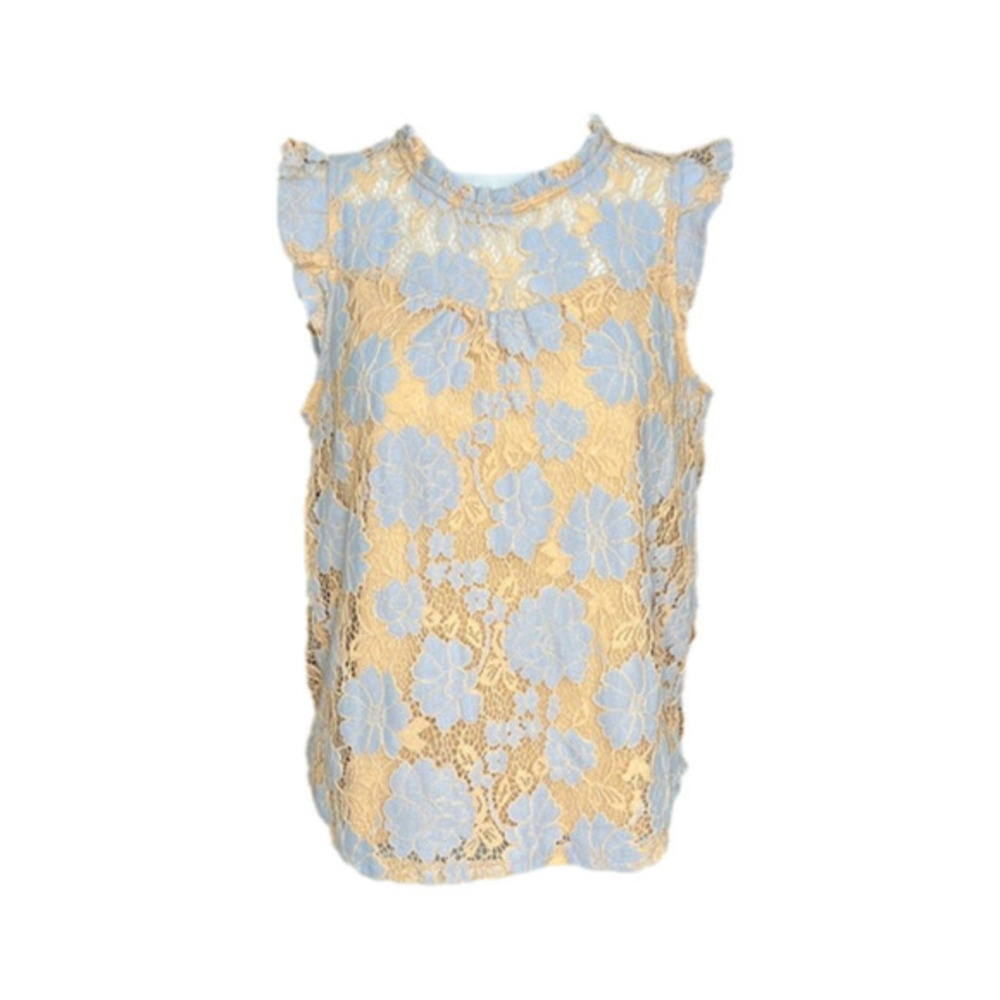 Monteau Beige and Blue Lace Brunch Blouse Size Small